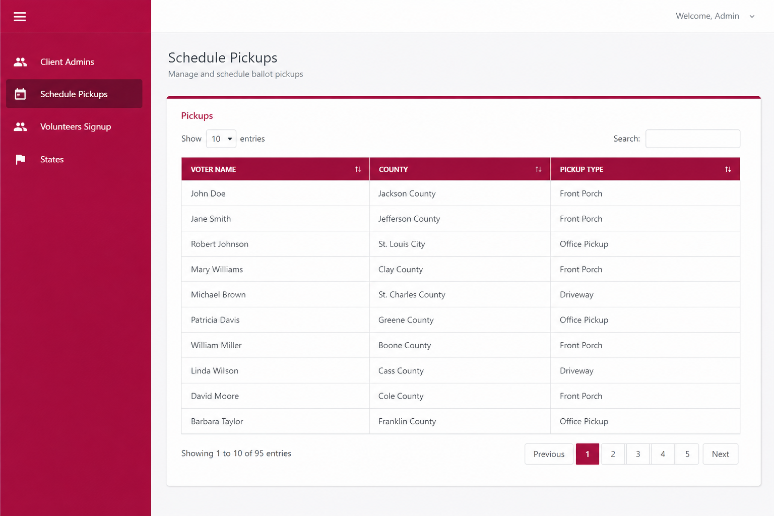 Ballot Banker admin portal with schedule pickups table