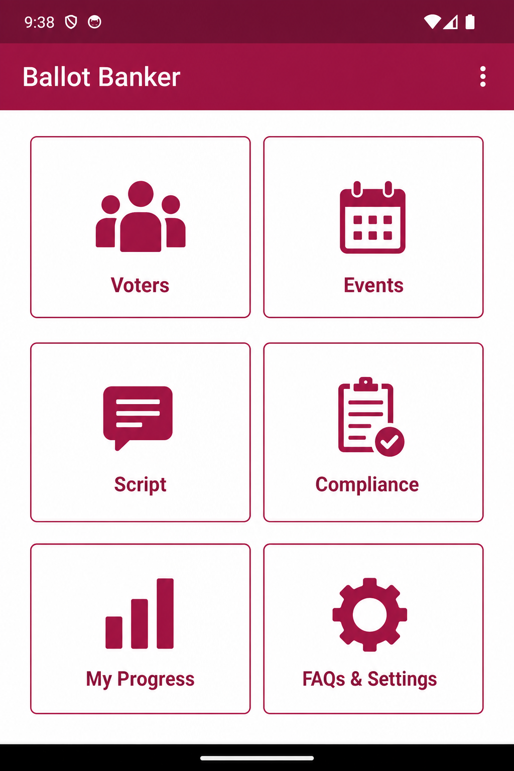 Ballot Banker mobile app home screen with Voters, Events, Script, and Compliance tiles