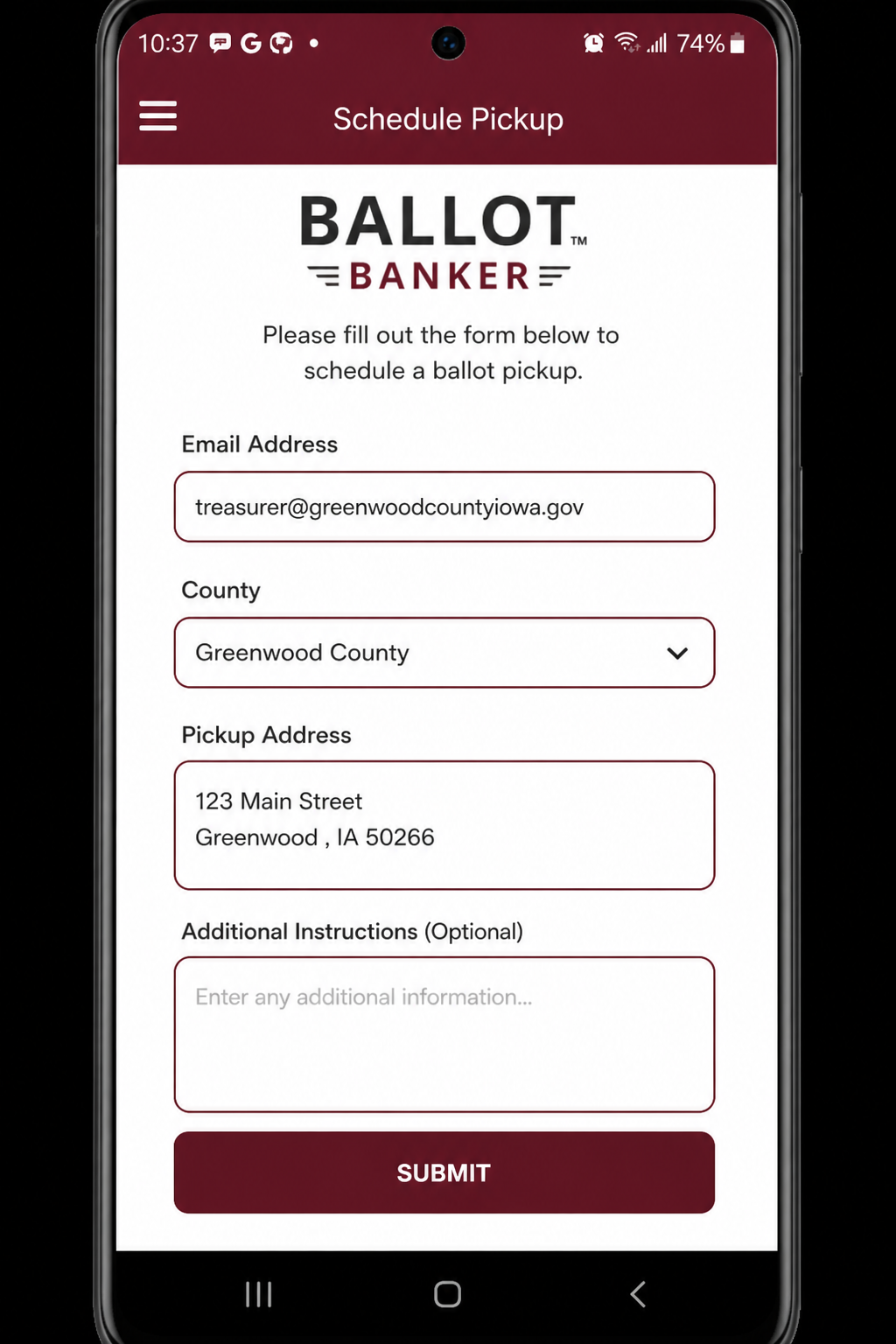 Ballot Banker app schedule pickup form